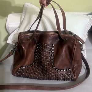 Brown Leather Satchel Riveted Handbag